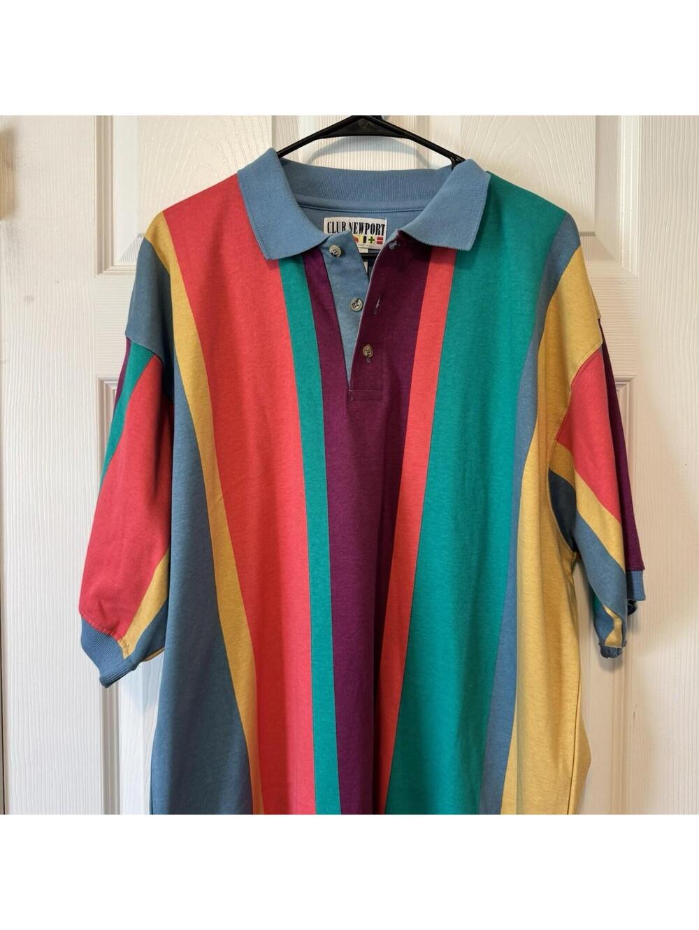 Vintage Club Newport Mens XL Tall Vertical Stripe Polo Shirt 90s Green Yellow